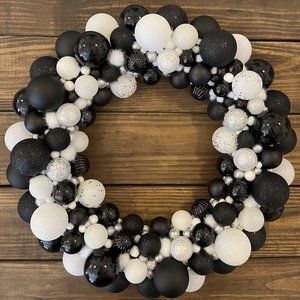 LARGE Black and White Touch of Silver Shatterproof Balls Christmas Wreath
